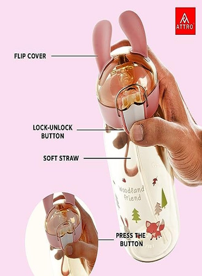 Attro Bunny 550ml Cute and Convenient Cartoon Printed Kids Tritan Water Bottle with Detachable Strap & Straw Lid BPA-Free,Leak-Proof-Perfect for School,Sports and Travel-Pink - Image 2